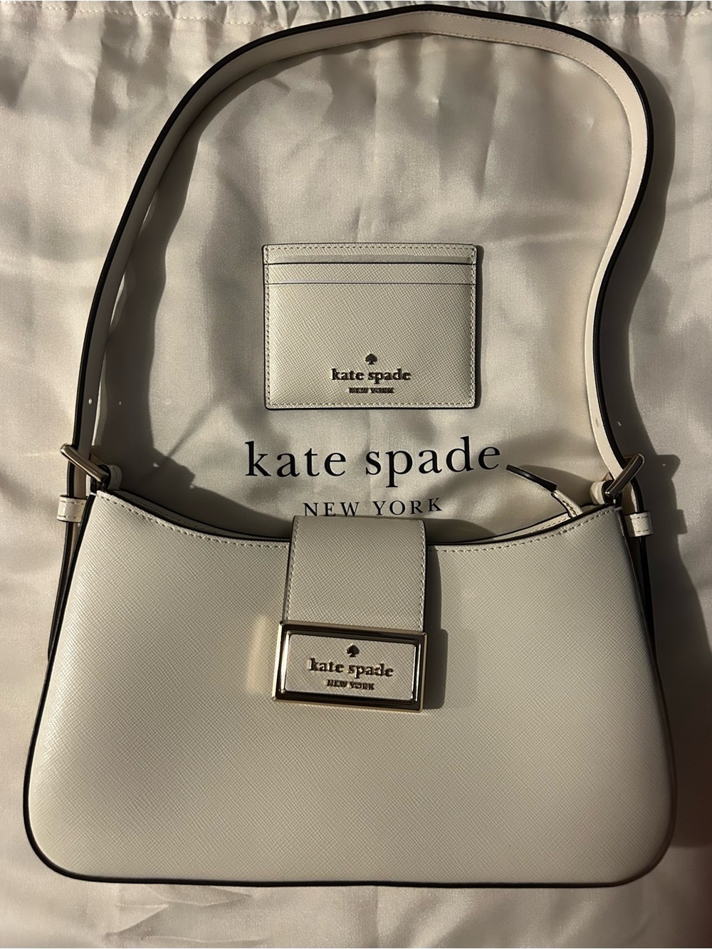 kate spade Cream Saffiano Leather Shoulder Bag with Plaque - Picture 2 of 7